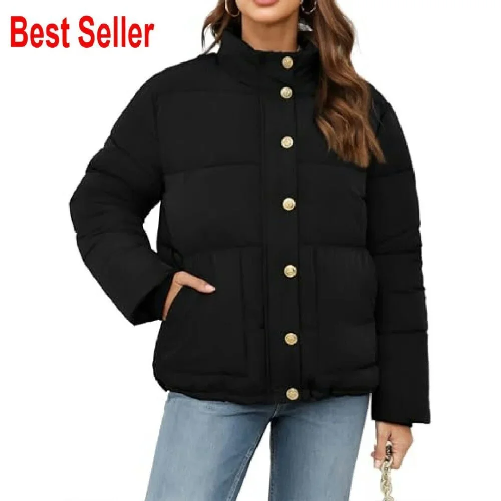 Cropped Puffer Jacket Winter Stand Collar Zip Up Snap Button Lightweight